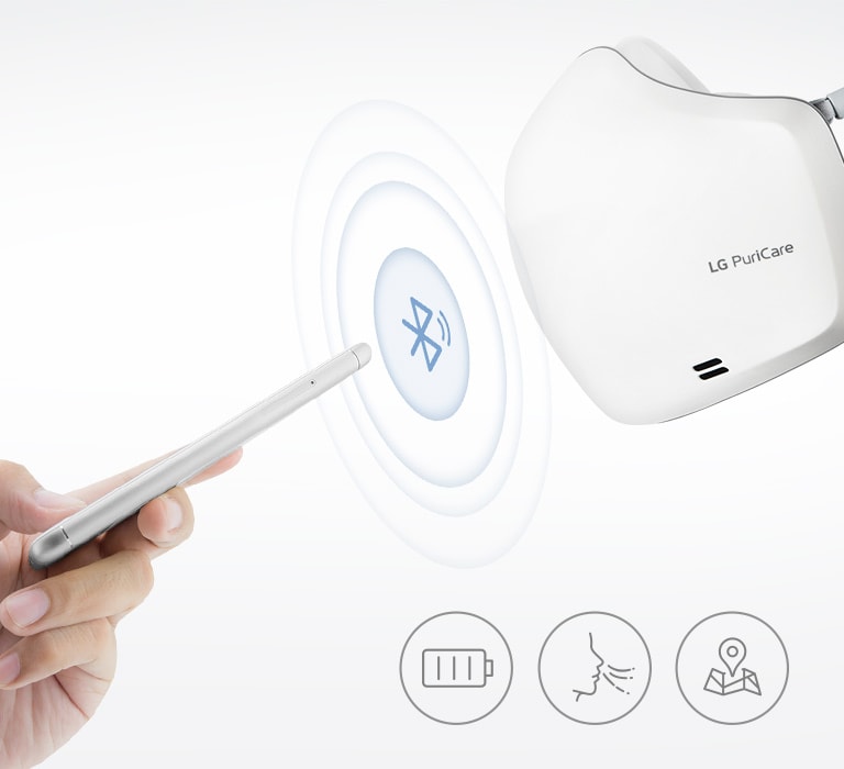 LG PuriCare wearable air purifier connects to smartphone via Bluetooth, icons for battery, voice control, and location below.