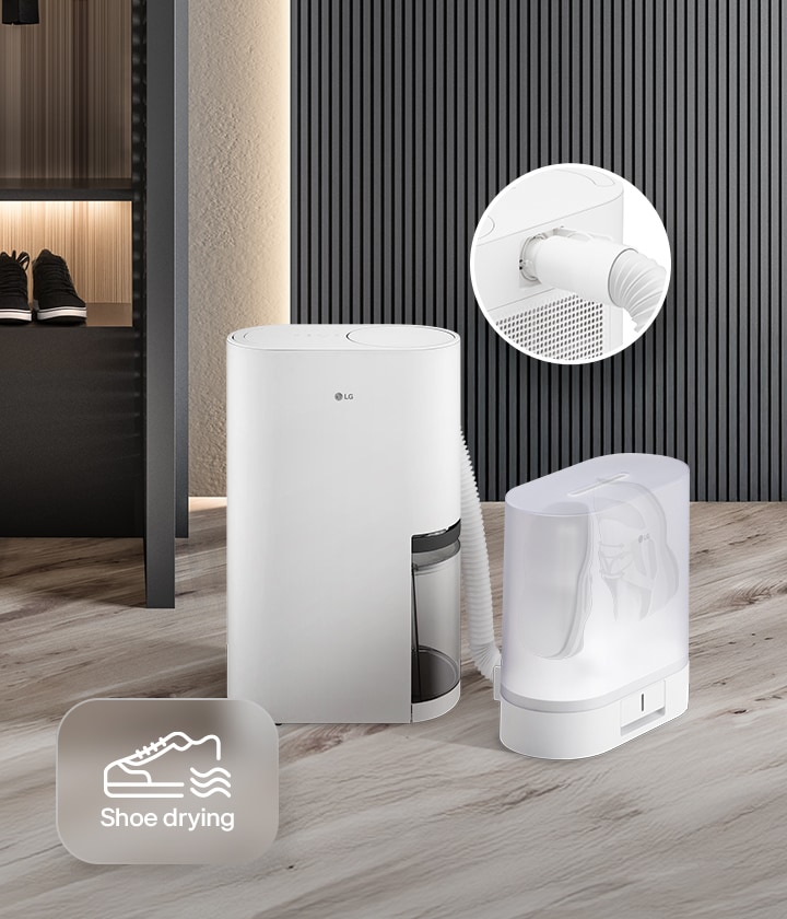 LG dehumidifier connected to the drying case by a hose, placed beside a closet with shoes neatly arranged on the shelf.	