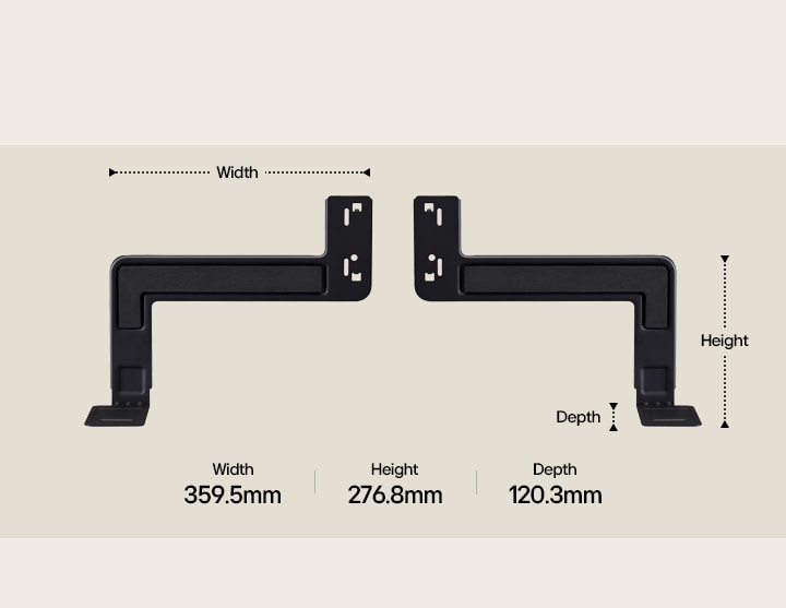 Two components of WOW Bracket set lengthways on a beige background. The width, height, and depth is labelled and displayed by arrows. At the bottom, the following specs: Width 359.5mm, Height 276.8mm, Depth 120.3mm.