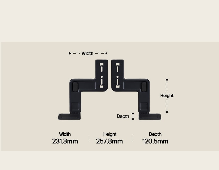 Two components of WOW Bracket set upright on a beige background. The width, height, and depth is labeled and displayed by arrows. At the bottom, the following specs: Width 231.3mm, Height 257.8mm, Depth 120.5mm.