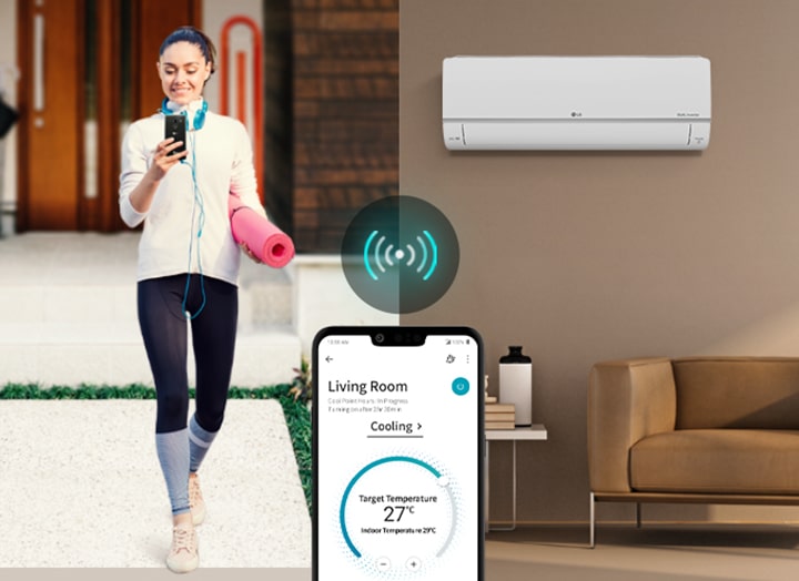 Three icons at the top indicate there are three images in a carousel. The second icon, labelled "Smart Alert", is red. A man sits on the floor looking at his phone with the oven in the background. On the left side of the screen is an image of the ThinQ app on a phone screen with the Wifi icon above it.