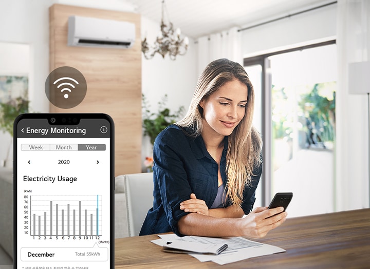 Three icons at the top indicate there are three images in a carousel. The third icon, labelled "Monitoring", is red. There are two images: The left image shows a father and daughter eating in a kitchen. The right image shows a hand opening an oven with pans of muffins inside. In the center is the screen of a phone with the ThinQ app visible and the Wifi icon above it.