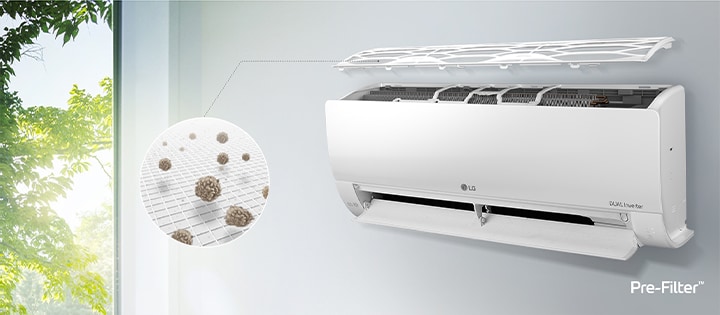 The LG air conditioner is installed on the wall and seen from the side angle. The top panel is flaoting above see the inner filters can be seen. A line from the pre-filter leads out to a magnified circle showing the dust caught in the pre-filter. The Pre-Filter logo is shown in the bottom right corner.