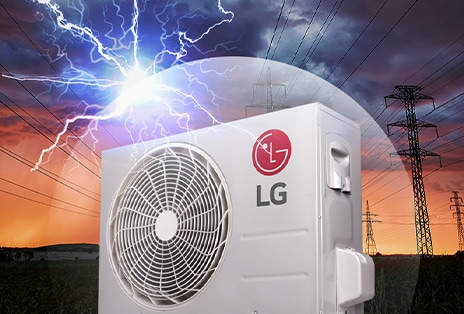 The LG fan that is outside of the house is shown with a dark lightning sky in the background. The LG Logo can be seen on the side of the engine.