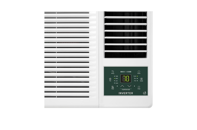 Angled left view of an LG window air conditioner,