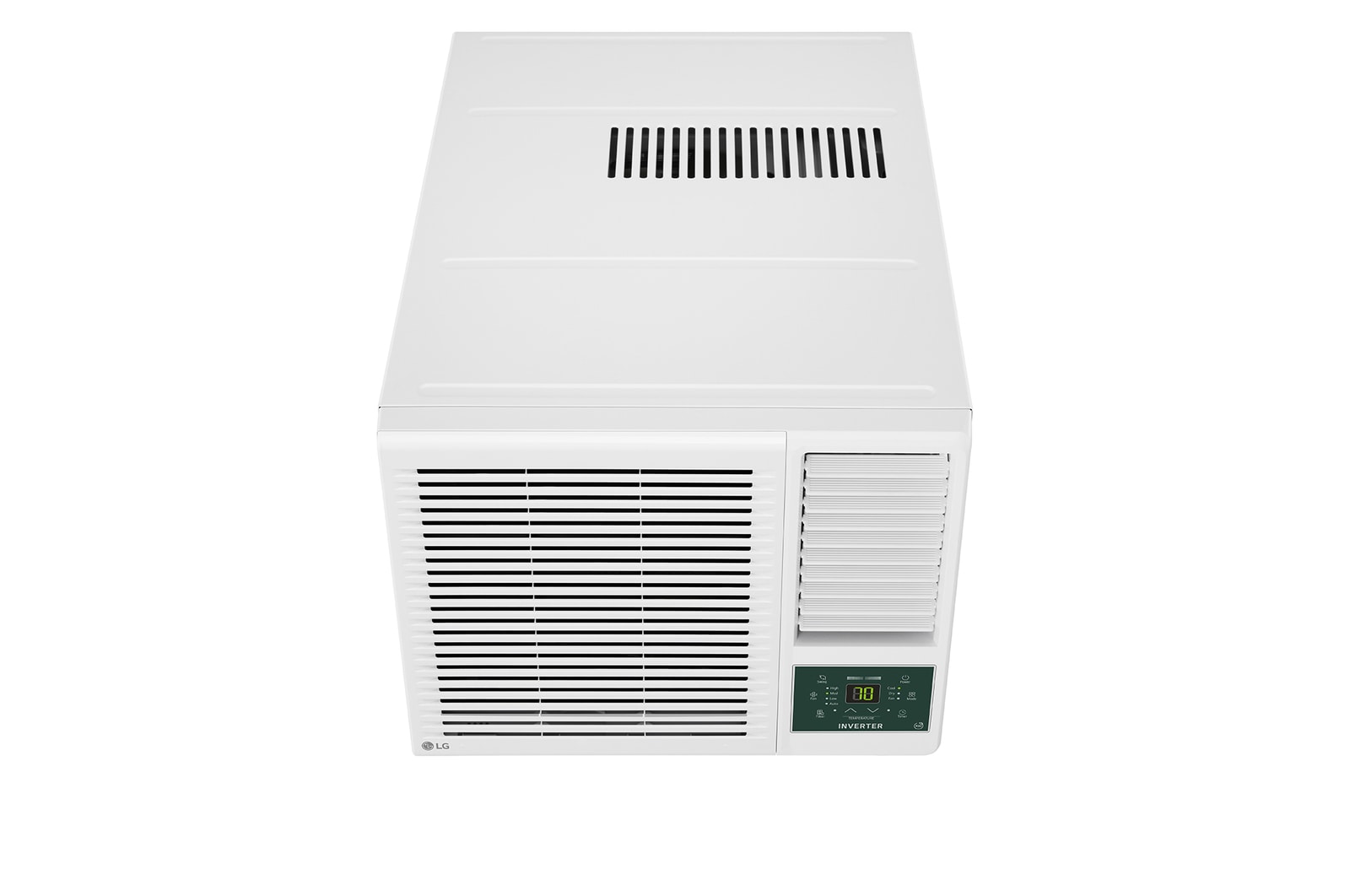 Angled right view of an LG window air conditioner,.