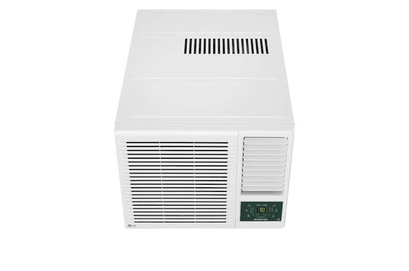 Angled right view of an LG window air conditioner,.
