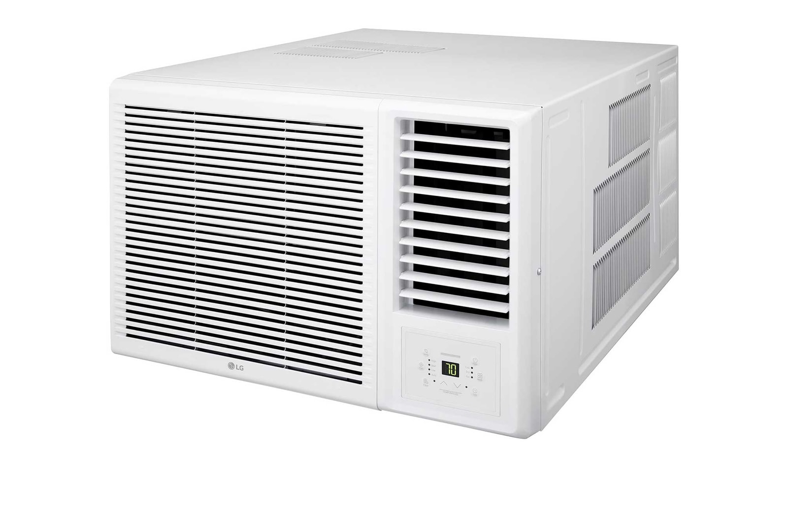 Angled right view of an LG window air conditioner,.