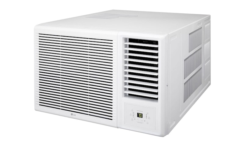 Angled right view of an LG window air conditioner,.