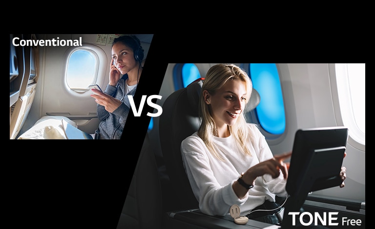 This scene is to show the convenience of the function by comparing the wireless connection function of TONE Free with the conventional one. This scene shows a comparison image of enjoying flight entertainment with conventional  and TONE Free, wearing a headset with wires attached, and TONE Free paired the earbuds by connecting the cradle's aux wires to the flight entertainment screen.