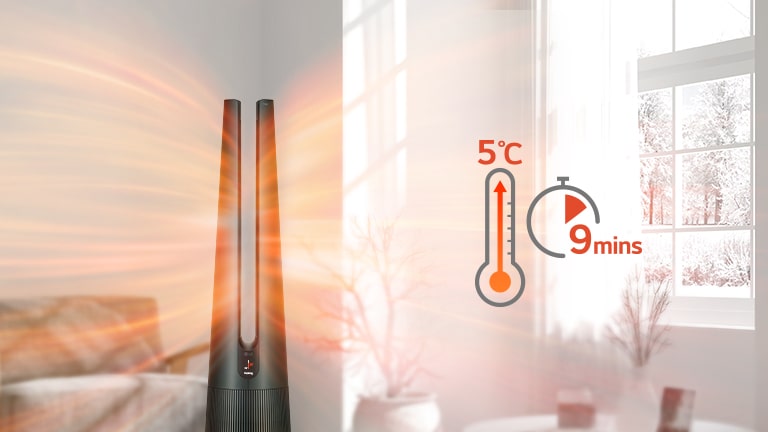 On the left side, there is a close-up cut of the product, and there is a warm-toned highlighting effect around the product. On the right is a thermometer icon with a rise of 5˚C and a clock icon with 9 minute text.