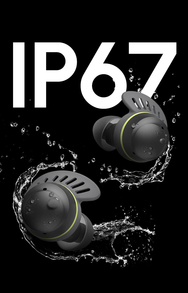 TONE Free fit earbuds in front of text saying IP67. The earbuds are surrounded by water and water droplets.  A woman with her hair tied up is shown on the left, wearing a TONE Free fit product, pouring water on her face, and a man's hand washing the TONE Free fit earbuds with water is shown on the right.