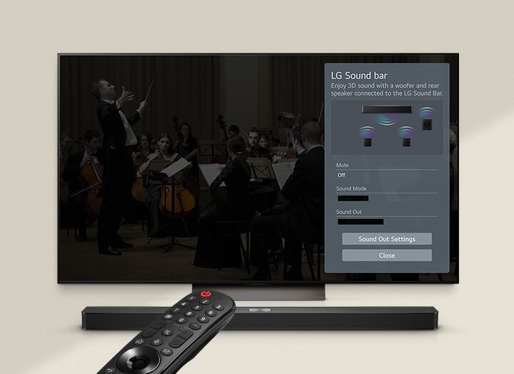 An image of an LG Soundbar, LG Remote, and  LG TV showing the WOW Interface on screen.