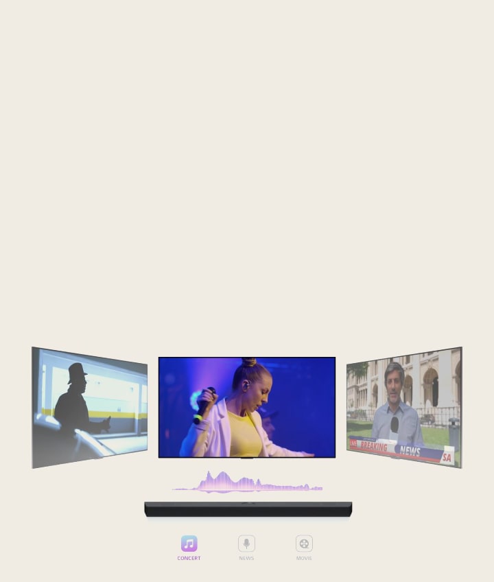 A video shows the LG Soundbar with three different TV screens. The one directly above plays a music concert with a woman singing. The TV screen showing a news broadcast moves to the middle and starts playing. Then, the TV screen showing an action scene with a woman running up the stairs moves to the middle and starts playing. In between the TV and soundbar, a soundwave changes color, correlating to the genre.