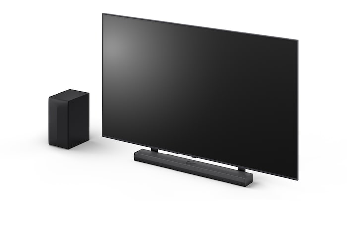 Angled view of LG Soundbar S70TY and subwoofer