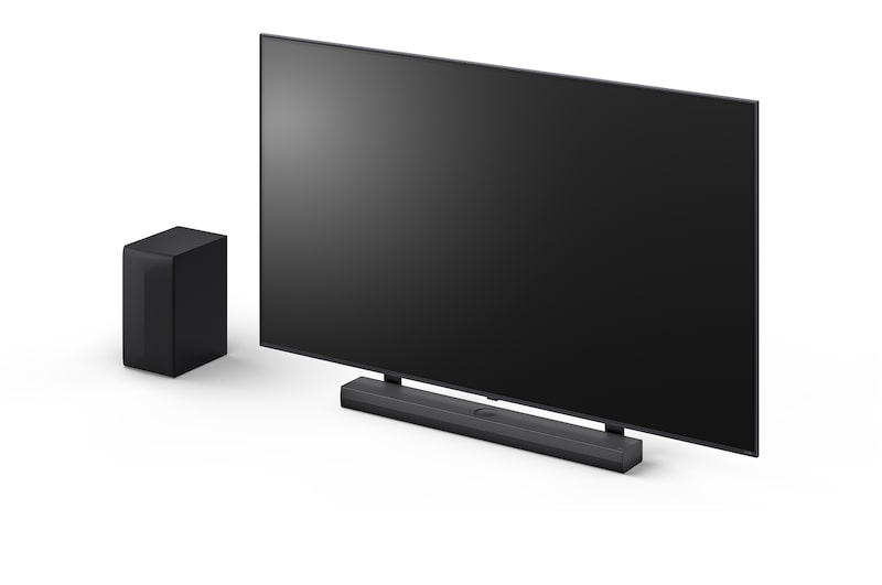 Angled view of LG Soundbar S70TY and subwoofer