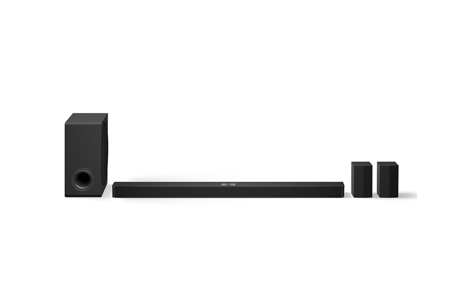 Front view of LG Soundbar S90TR, subwoofer, and Rear Speakers