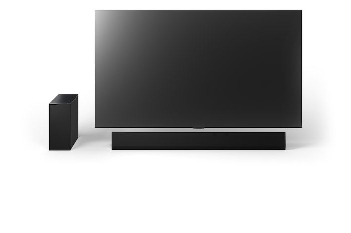 Front view of 77inch LG OLED G4, LG Soundbar SG10TY, and Subwoofer