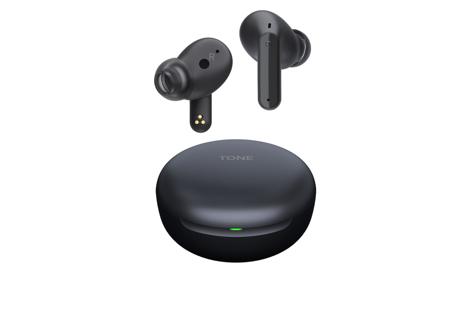 Image with earbuds floating over a closed cradle. 