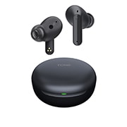 Image with earbuds floating over a closed cradle. 