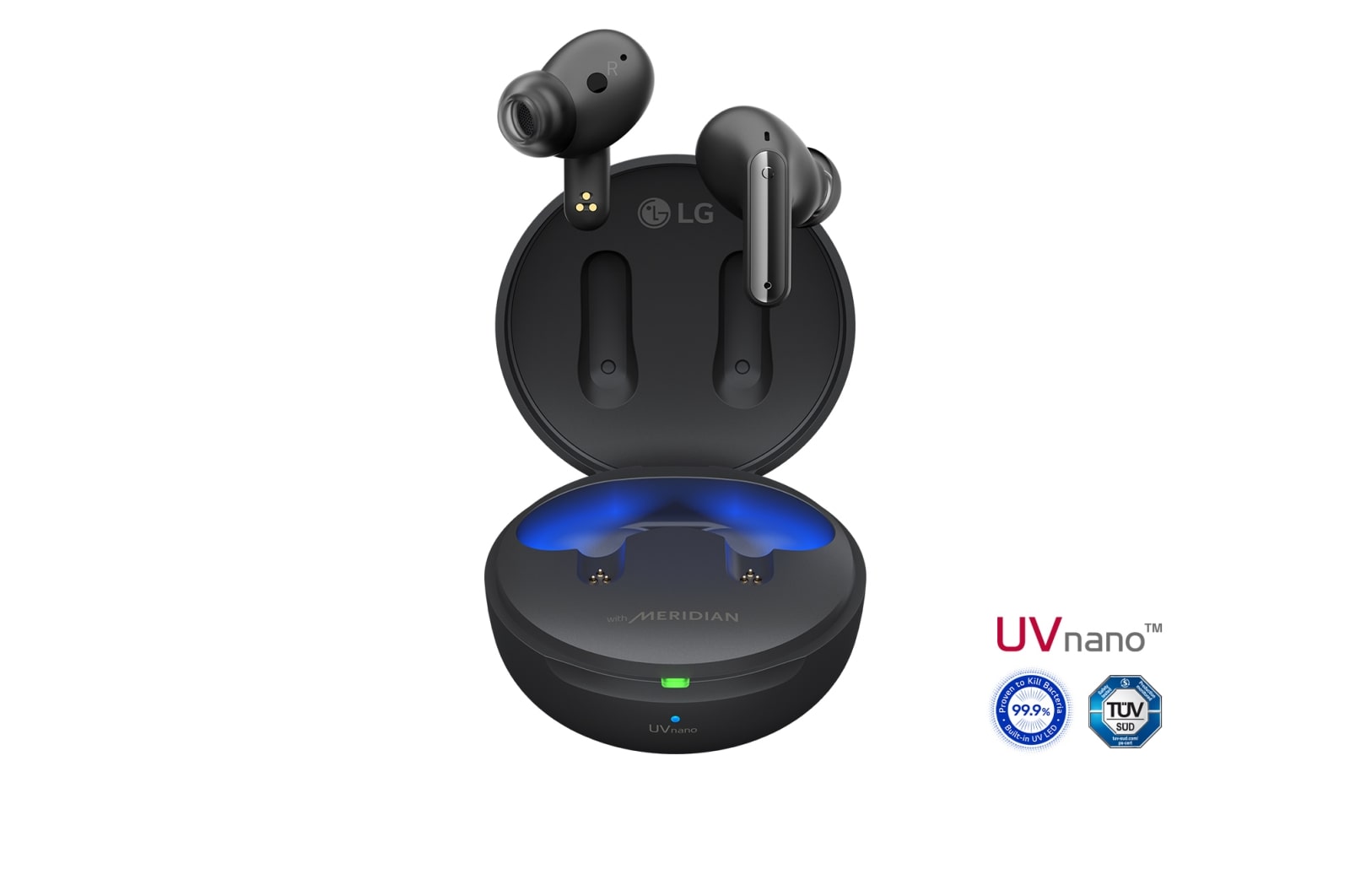 A 15 degrees angle of cradle opened up with mood lighting on and UVnano and Plug&wireless logos