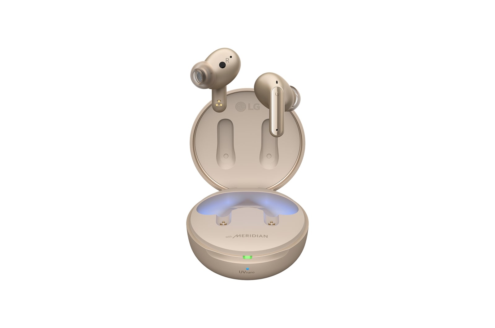 A 15 degrees angle of cradle opened up with mood lighting on and UVnano and Plug&wireless logos
