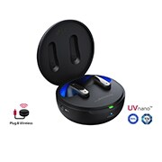 A 15 degrees angle of cradle opened up with mood lighting on and UVnano and Plug&wireless logos