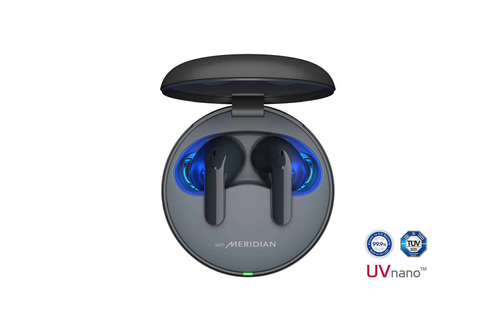 The lid of the cradle is open, showing light coming out through the earbuds inside. The UVnano logo is visible from above.