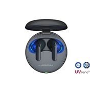 The lid of the cradle is open, showing light coming out through the earbuds inside. The UVnano logo is visible from above.
