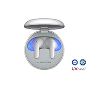 The lid of the cradle is open, showing light coming out through the earbuds inside. The UVnano logo is visible from above.