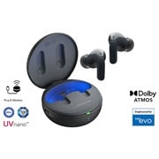 While the earbuds are in the air, light is emitted from the case, opening the cradle's lid. Plug and Wireless appear on the left, UVnano and Dolby Atmos logos on the right.