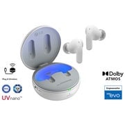 While the earbuds are in the air, light is emitted from the case, opening the cradle's lid. Plug and Wireless appear on the left, UVnano and Dolby Atmos logos on the right.