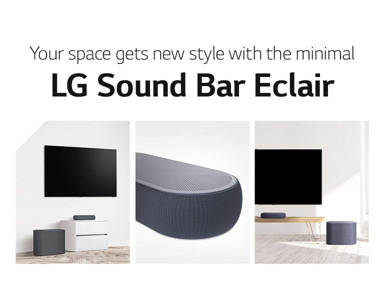 There is a collage of three images - soundbar and subwoofer in a white living room on the left side, close-up of a right side of soundbar in the middle, and soundbar and subwoofer placed on a wooden cabinet on the right side of a collage image.