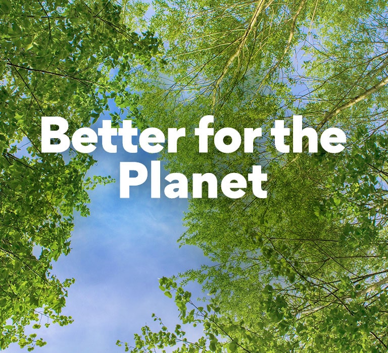 A green image full of rich leafy trees and a sky is showing in-between. The main copy says "better for the planet" in bold font size