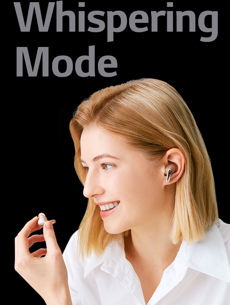 An image of a woman holding an earbud in her hand and making a call like a microphone.