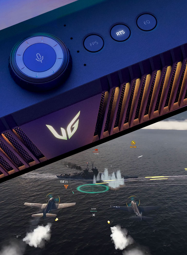 A gaming speaker with yellow lighting is placed on a purple-lighting table. There is the mobile phone with Equalizer setting scene in its screen.