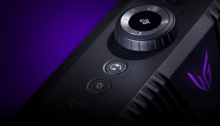 A diagonal view of gaming speaker from top - highlighting the headset button on its top and there is a purple lighting effect behind.