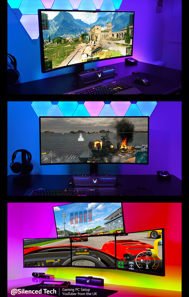 A collage of three gaming setup desk images - (left side view of a monitor and a gaming speaker with World of Tanks rts gameplay on screen, front view of a monitor and a gaming speaker with World of Warships rpg gameplay on screen, right side view of a multi-monitor and a gaming speaker with a Project Cars racing gameplay on screen)
