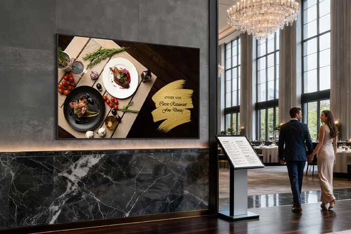 A large UH5Q is installed on the wall at the entrance of a luxury restaurant, clearly displaying fine dining menu content on the screen.