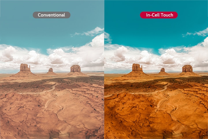 While scenery on the conventional display looks blurry, the image on the In-Cell Touch is clear.