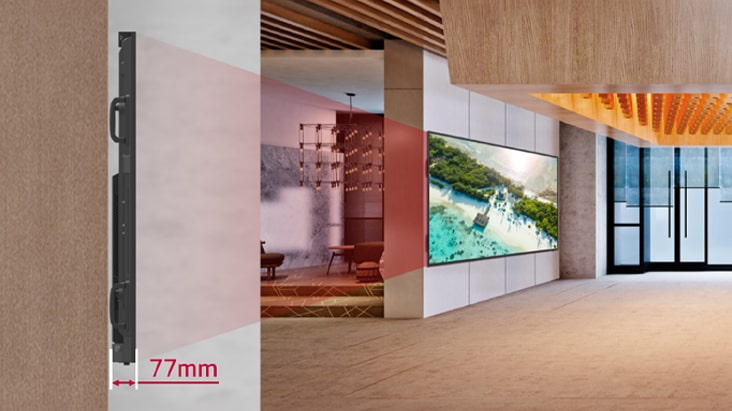 The 105BM5P is installed on the building's lobby wall, with an enlarged view of its side profile visible to the left.	