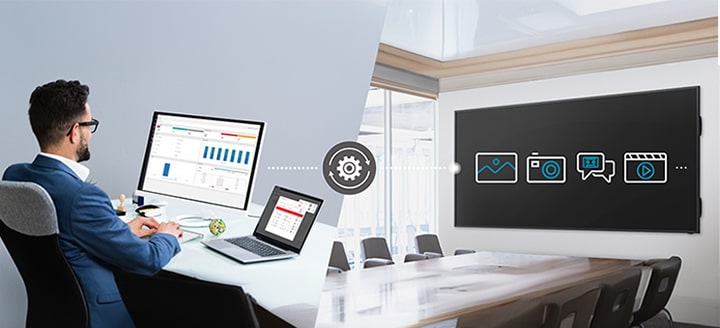 The IT administrator can remotely control and set up devices within the meeting room via LG ConnectedCare DMS.	