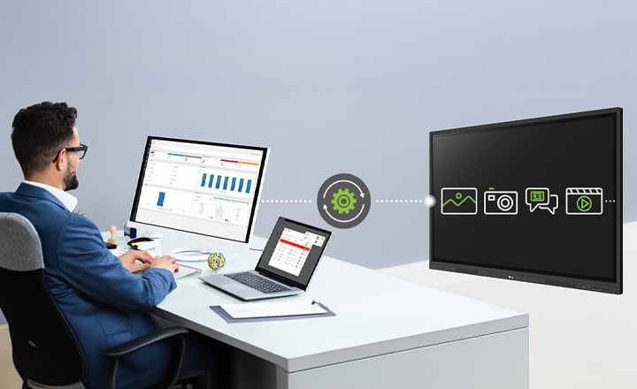 Illustration depicting the administrator's accessibility to remotely change settings on the interactive digital board