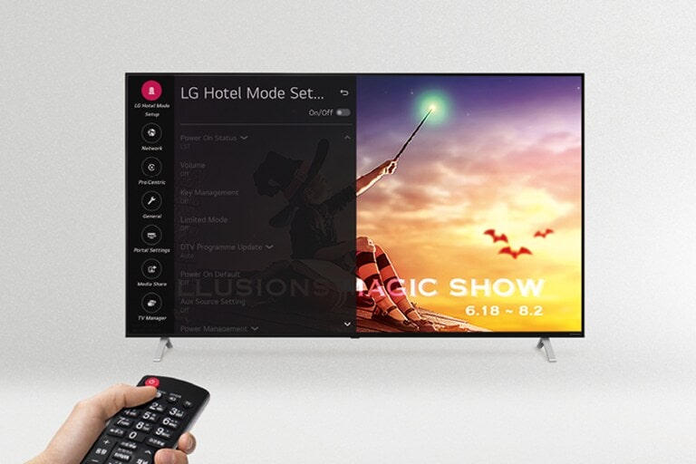 A person is controlling the TV settings with Hotel Mode.