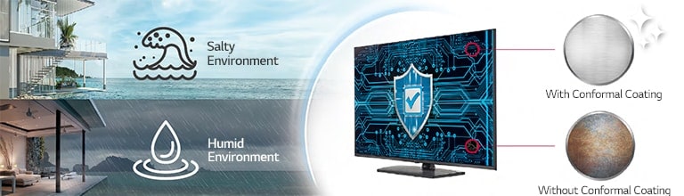 The UR series has Conformal Coating on the major circuit board (power board) to protect TVs even in a salty or humid environment.