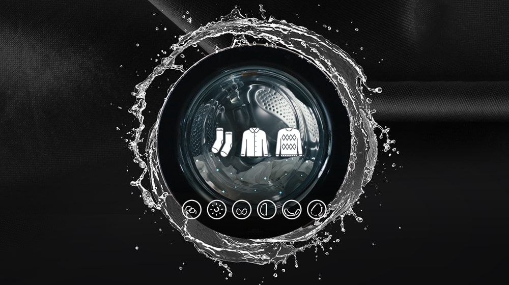 A stream of water surrounds the washer tub, and various clothing icons are floating in the center of the door. And below there is a 6 motion icon.