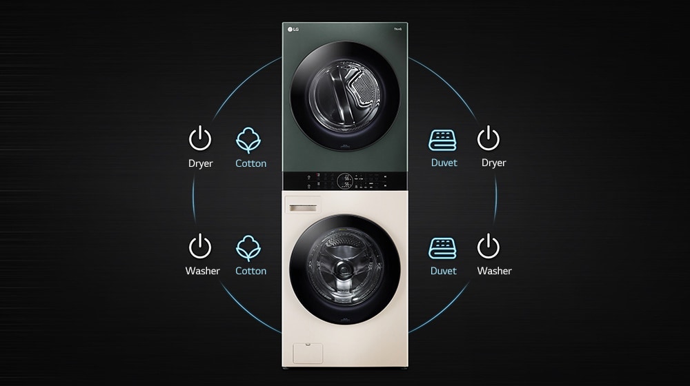 The product is placed in the center, and there are lines connecting the washer and dryer on both sides. Above that line is the power button and cycle icon.