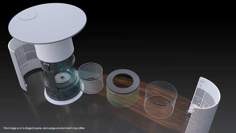 Disassembled LG air purifier with components and filters laid out in sequence from left to right on a dark background.
