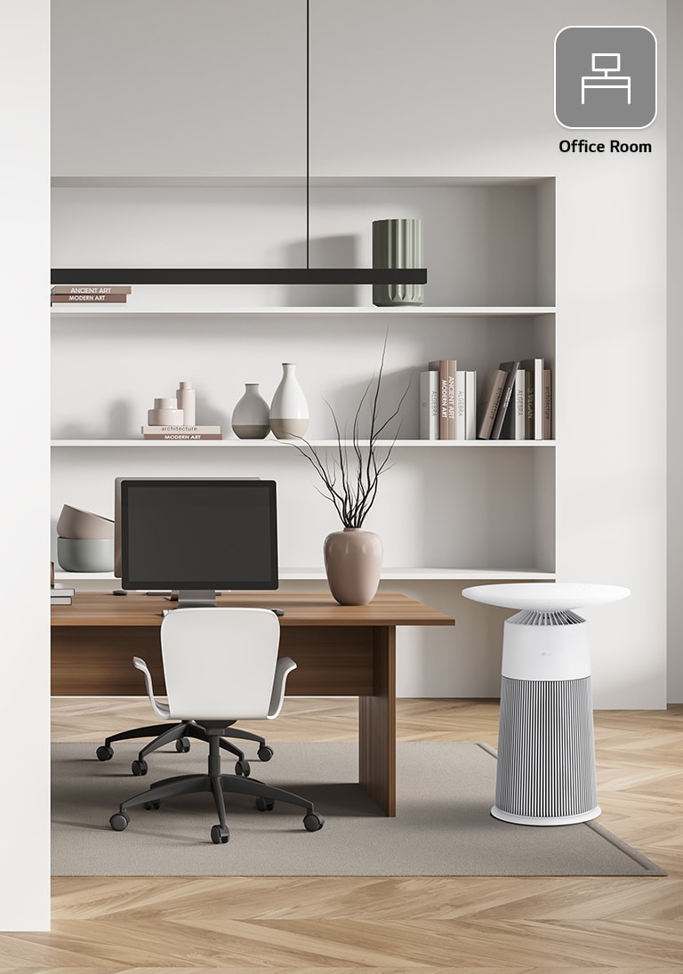 Modern office with a wooden desk, computer, white chair, shelves with books and vases, and an air purifier on the right.