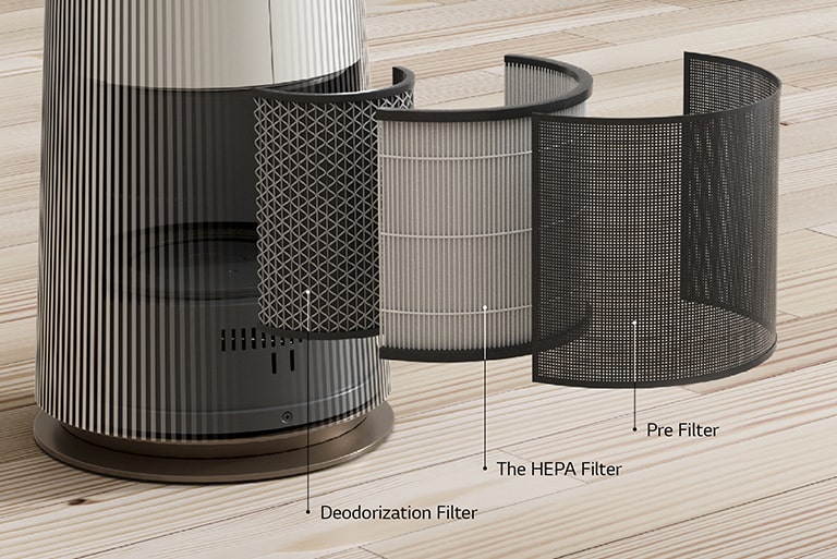 3 kinds of filters are aligned to show filtering the dirty air.